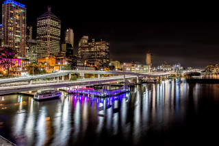 City skyline night bridge boats 5 - the water and buildings free wallpaper