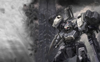 Robot city skyline smoke drawing - mecha free wallpaper