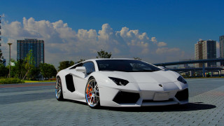White sports car brick road 3 - a bridge in the background free wallpaper