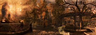 Fantasy fountain statue park trees - volumetric free wallpaper