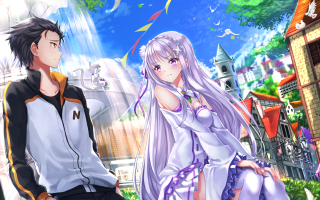 Man woman building fountain anime - a fountain in the background free wallpaper