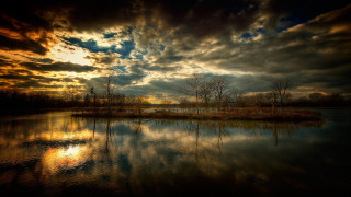Lake water clouds sky trees - a matte painting free wallpaper