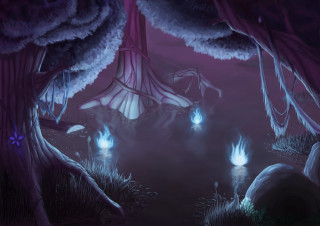 Forest fireflies trees bushes purple - a painting of a forest free wallpaper
