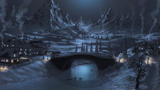Snowy landscape bridge houses night - matte fantasy painting free wallpaper