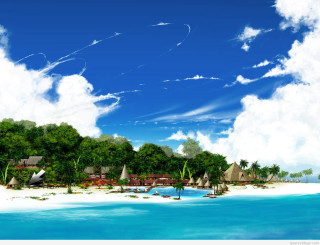 Tropical beach hut trees blue - tropical free wallpaper