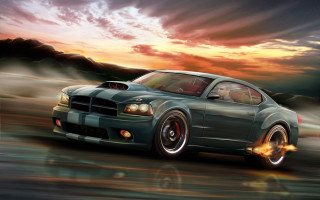 Green car driving sunset mountain - digital painting free wallpaper