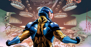 Man blue yellow suit machine - panfuturism free wallpaper