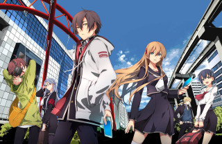 Anime characters building sky red - sots art free wallpaper