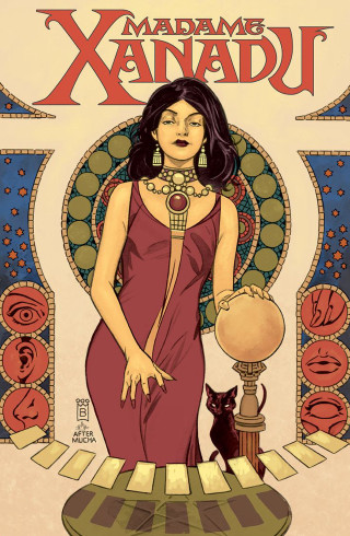 Woman red dress cat table - art nouveau free wallpaper