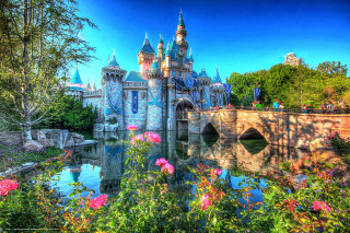 Castle bridge flowers pond scenery - a pond in front free wallpaper