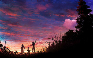 Family walking field sunset sky - atey ghailan free wallpaper