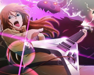 Woman guitar computer lap sitting - a purple light free wallpaper