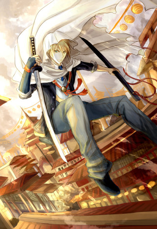 Woman sword city buildings clouds - building free wallpaper