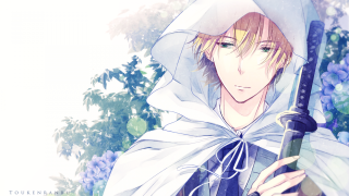 Man white cloak sword bush - blue flower free wallpaper for desktop