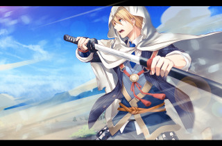 Man hooded outfit holding sword - a sword and a sword free wallpaper