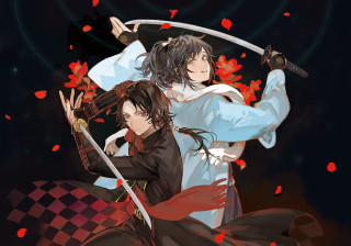 Anime characters swords blood backs - their back free wallpaper
