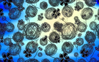 Blue black flowers leaves background - butterfly free wallpaper