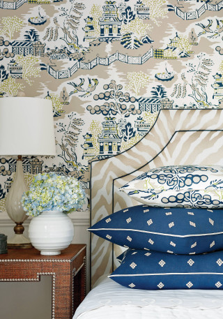 Bed white headboard blue pillows - a vase of flowers free wallpaper