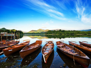 Boats lake forest hillside blue - a group of boats free wallpaper