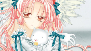 Girl pink hair white bunny - her neck free wallpaper