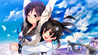 Anime girls hugging blue sky - sots art free wallpaper