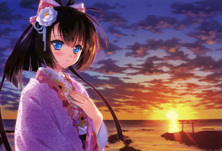 Girl kimono beach sunset boat - a beach free wallpaper for desktop