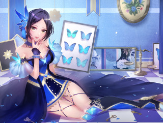 Woman blue dress sitting bed - a butterfly free wallpaper for desktop