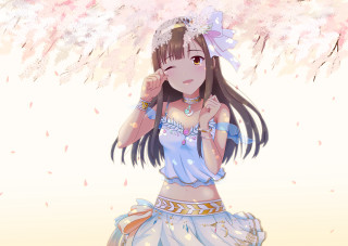 Woman blue dress tree pink 3 - branch free wallpaper