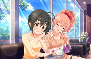 Two girls sitting window book - a window behind them free wallpaper