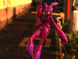 Pink robot street builing 3d - its arm free wallpaper