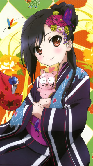 Woman kimono holding pig bird - a character portrait free wallpaper