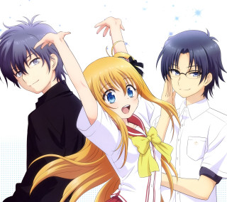 Anime couple posing arms around - rayonism free wallpaper