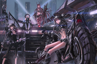 Anime girls motorcycle city night - cyberpunk art free wallpaper