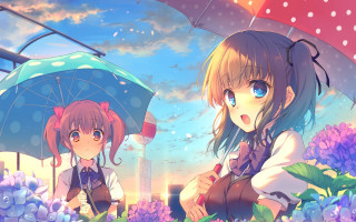Anime girls umbrellas field flowers - umbrella free wallpaper