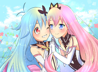 Anime girls hugging butterfly blue - their forehead free wallpaper
