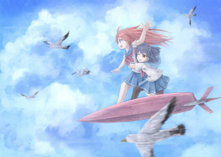 Girl bird flying sky surfboard - a storybook illustration free wallpaper for desktop