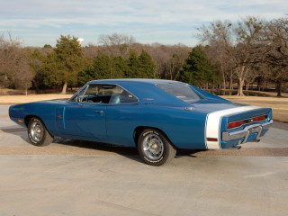 Blue white muscle car parking - side profile free wallpaper