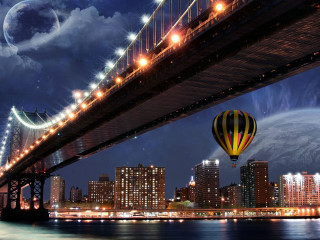 Hot air balloon night city 3 - over a city free wallpaper