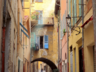 Narrow alleyway person walking building - impressionist painting free wallpaper