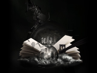 Flying book city lightbulb floating - abstract illusionism free wallpaper