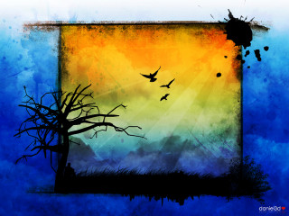 Tree birds sunset background blue - metaphysical painting free wallpaper