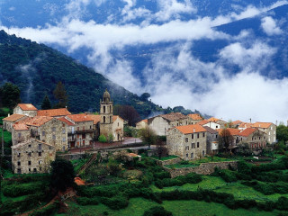 Village mountains clouds trees buildings - a few building free wallpaper