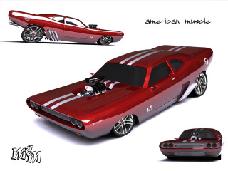 Red muscle car white hood - a white stripe free wallpaper