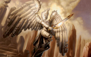 Man sword wings city street - a painting of a man free wallpaper