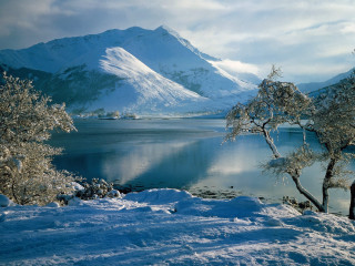 Snowy mountains lake forest bridge 2 - covered free wallpaper