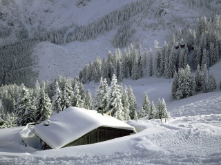 Cabin snowy mountains forest lake - german romanticism free wallpaper