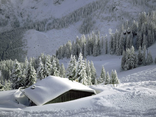 Cabin snowy mountain range forest - a matte painting free wallpaper