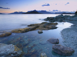 Water rocks mountains dusk sky 2 - dusk free wallpaper