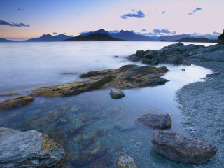 Mountain lake sunset rocks cloudy - dusk free wallpaper