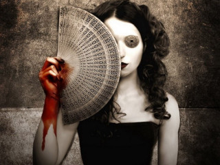 Woman fan blood dripping face - a surrealist painting free wallpaper